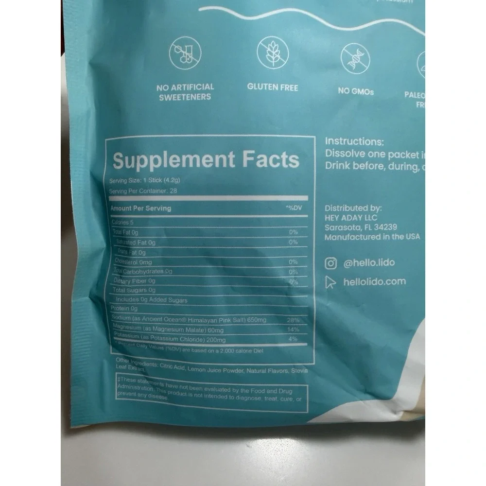 LIDO Lemonade Electrolyte Powder Packets Clean, Zero-Sugar  28 Servings Exp 1/27
